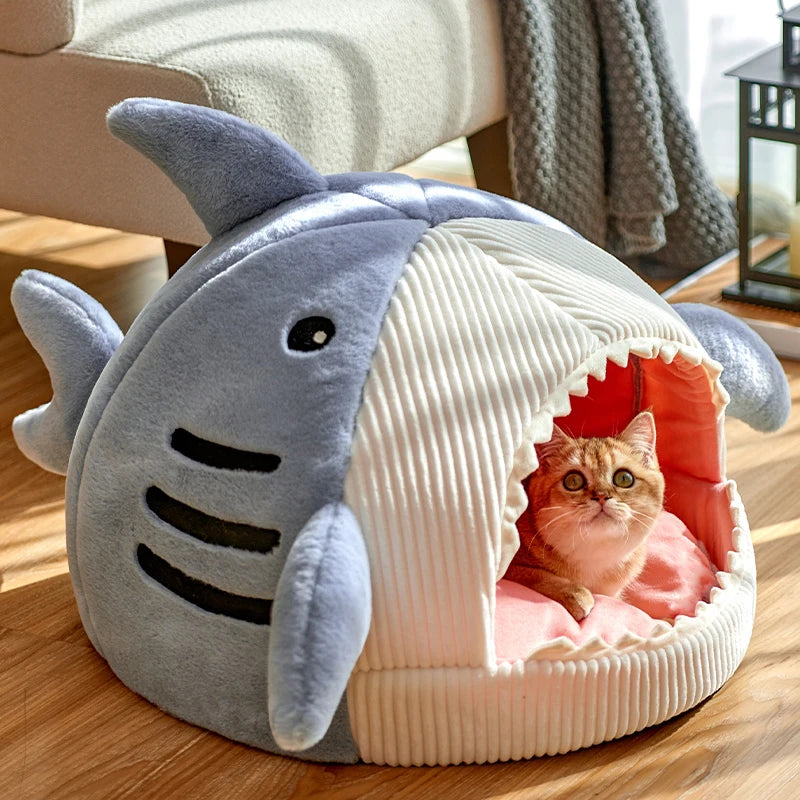 Winter Warm Pet Beds Shark Cat Mat Semi-Closed Pillow Puppy Nest Thicken Kittens Basket Cushion Pillow Mat Dogs Cats House Goods